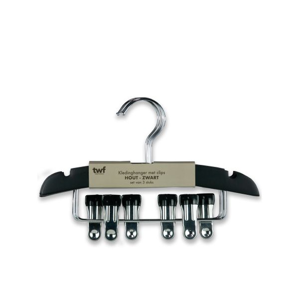 TWF Kledinghanger Met Clips - 3 Stuks - Hout Zwart