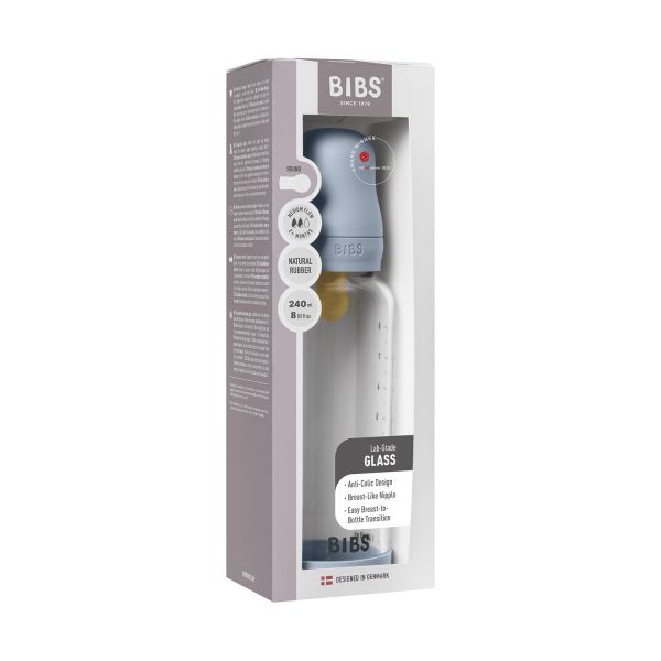 BIBS Fles - Medium Flow - 240 ml - Glas/Latex - Baby Blue