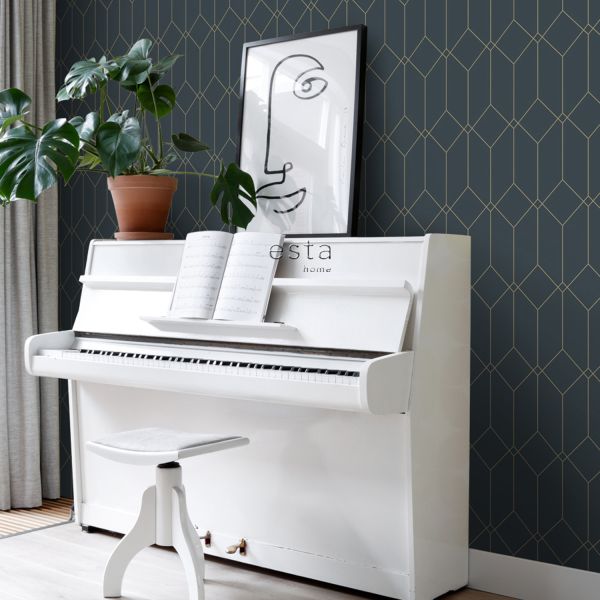 Estahome Art Deco Motief Behang I - 0,53 x 10,05 m - Donkerblauw / Goud