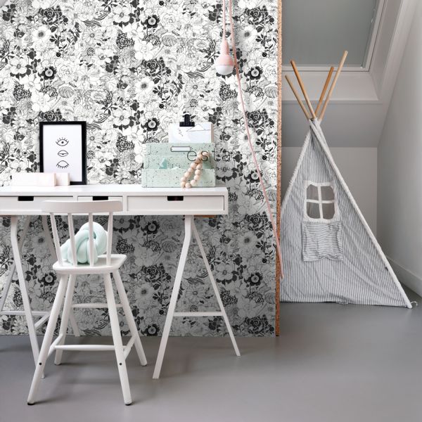 Estahome Bloemen Behang II - 0,53 x 10,05 m - Zwart / Wit