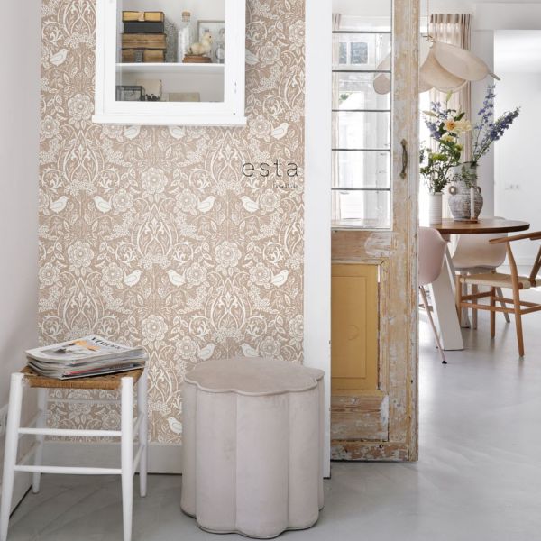Estahome Bloemen En Vogels Behang - Art Nouveau Stijl - 0,53 x 10,05 m - Nude / Wit
