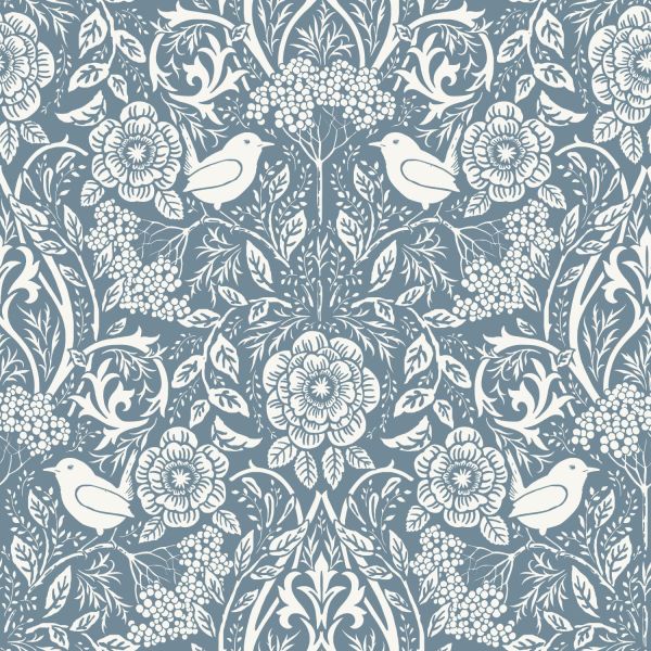 Estahome Bloemen En Vogels Behang - Art Nouveau Stijl - 0,53 x 10,05 m - Vergrijsd Blauw