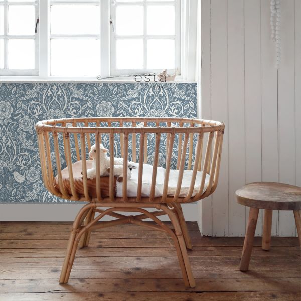 Estahome Bloemen En Vogels Behang - Art Nouveau Stijl - 0,53 x 10,05 m - Vergrijsd Blauw