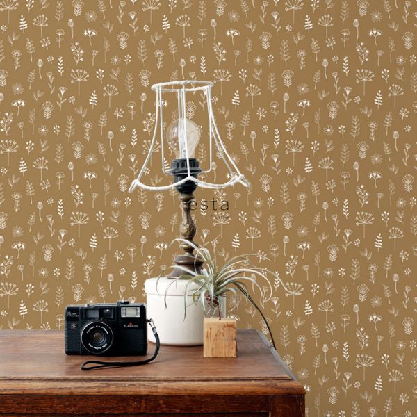 Estahome Bloemmotief Behang I - 0,53 x 10,05 m - Okergeel / Wit