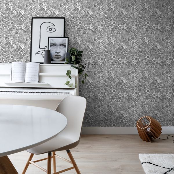 Estahome Bloemtekeningen Behang - 0,53 x 10,05 m - Zwart / Wit