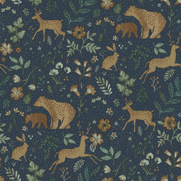 Estahome Bos Met Bosdieren Behang III - 0,53 x 10,05 m - Donkerblauw / Beige