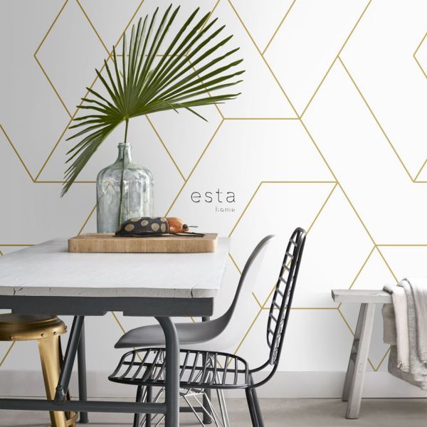 Estahome Grafische Lijnen Fotobehang  - 2 x 2,79 m - Wit / Goud