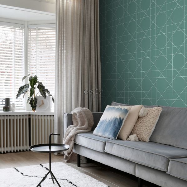 Estahome Grafische Lijnen I - 0,53 x 10,05 m - Vergrijsd Zeegroen