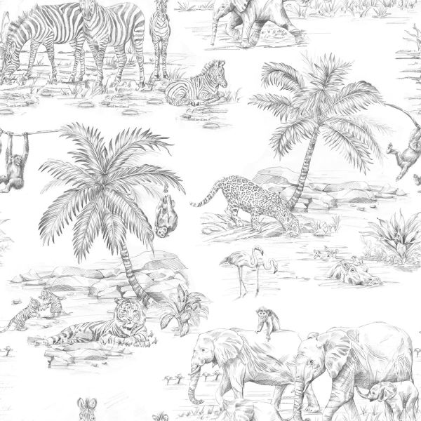 Estahome Jungle Motief Behang - 0,53 x 10,05 m - Zwart / Wit