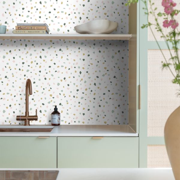 Estahome Terrazzo Behang - 0,53 x 10,05 m - Wit / Zachtroze / Mintgroen