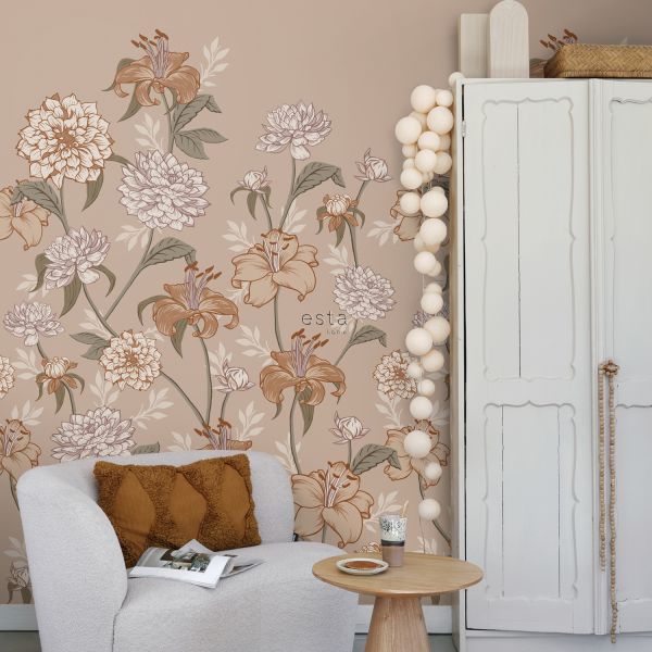 Estahome Vintage Bloemen Fotobehang  - 1,5 x 2,79 m - Oudroze / Terracotta