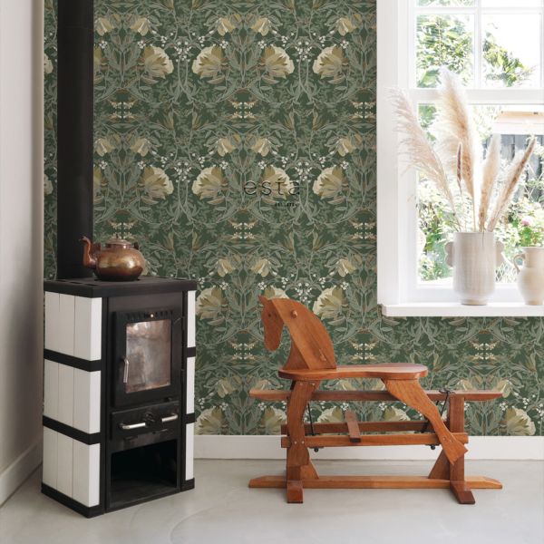 Estahome Vintage Bloemen In Art Nouveau Stijl Behang - 0,53 x 10,05 m - Donkergroen