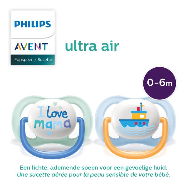 Philips Avent Ultra Air Fopspeen - Symmetrisch - 2 Stuks - 0-6 Mnd - Mama/Boat 