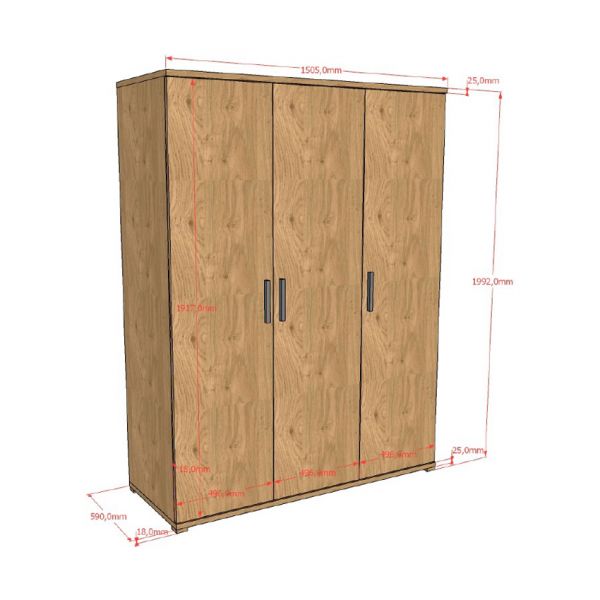 Vipack Sam 3-Deurs Kledingkast - Eik