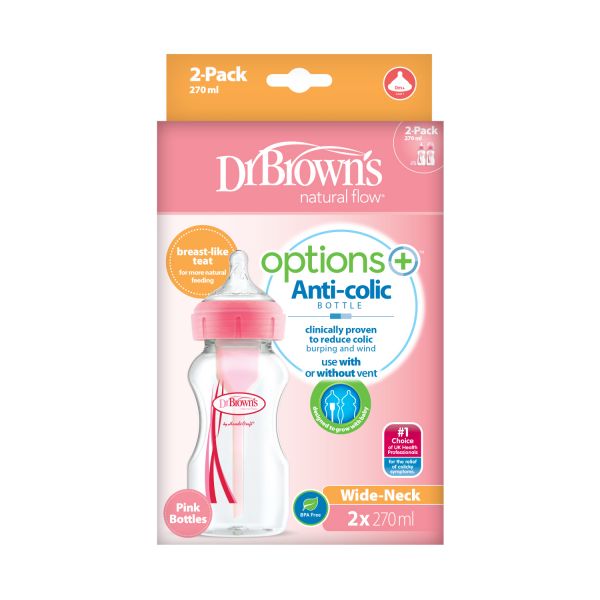 Dr. Brown's Options+ Anti-colic Brede Halsfles Duopack Roze 270 ml