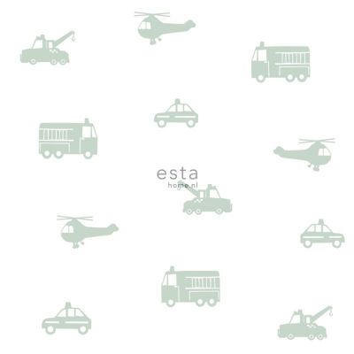 Estahome Auto&#039;s/Brandweerauto&#039;s/Helikopters/Kranen Behang - Mintgroen Op Wit