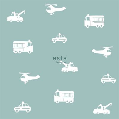 Estahome Auto&#039;s/Brandweerauto&#039;s/Helikopters/Kranen Behang  - Vergrijsd Blauw