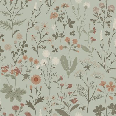 Estahome Veldbloemen Behang - Vergrijsd Mintgroen
