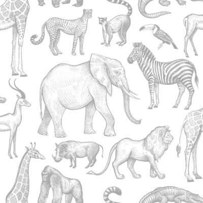 Estahome Jungle Dieren Behang - Wit/Grijs