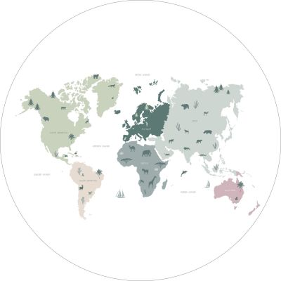 Estahome Wereldkaart Voor Kinderen Zelfklevende Behangcirkel - Mintgroen/Grijs/Roze