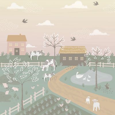 Estahome Boerderij Dieren Fotobehang - Groen / Roze