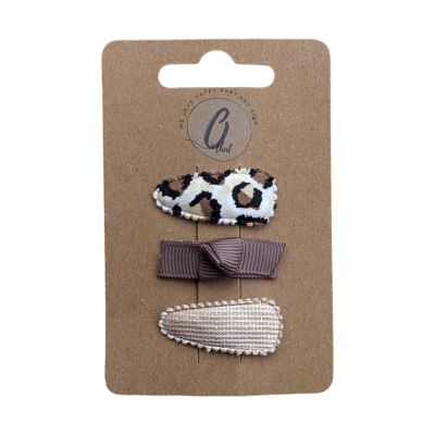 Ootje Kadootje Babyhaarclipjes - Print/Mokka/Rib Glitter - 3 stuks