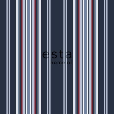 Estahome Strepen Behang III - 0,53 x 10,05 m - Marine Blauw / Rood
