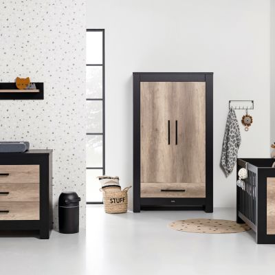 Kidsmill Long Island Babykamer Zwart / Oldwood | Bed 70 x 140 cm + Commode + Kast 2-Deurs
