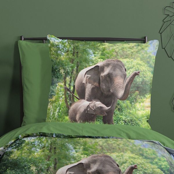 Muller Textiel Elephants Dekbedovertrek - Green - 140 x 220 cm